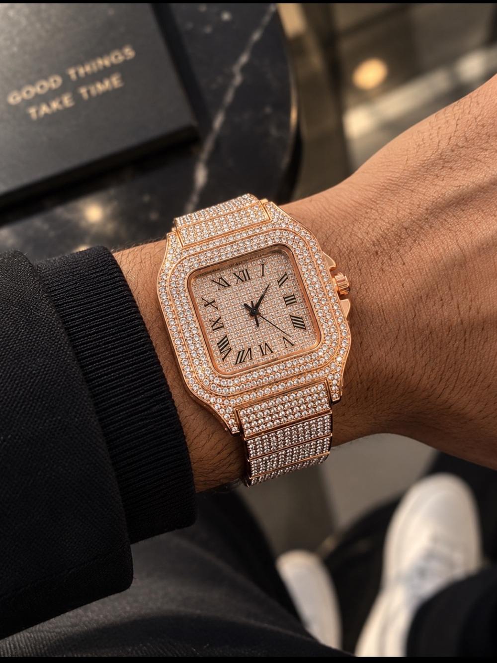 Rose Gold Iced Out Watch Simulated Diamond Bust Down Roman Numeral Hip Hop Bling
